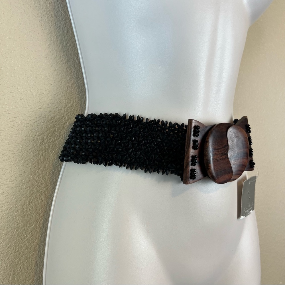 Anthropologie Black Woven Belt with Wooden Buckle - Picture 2 of 12